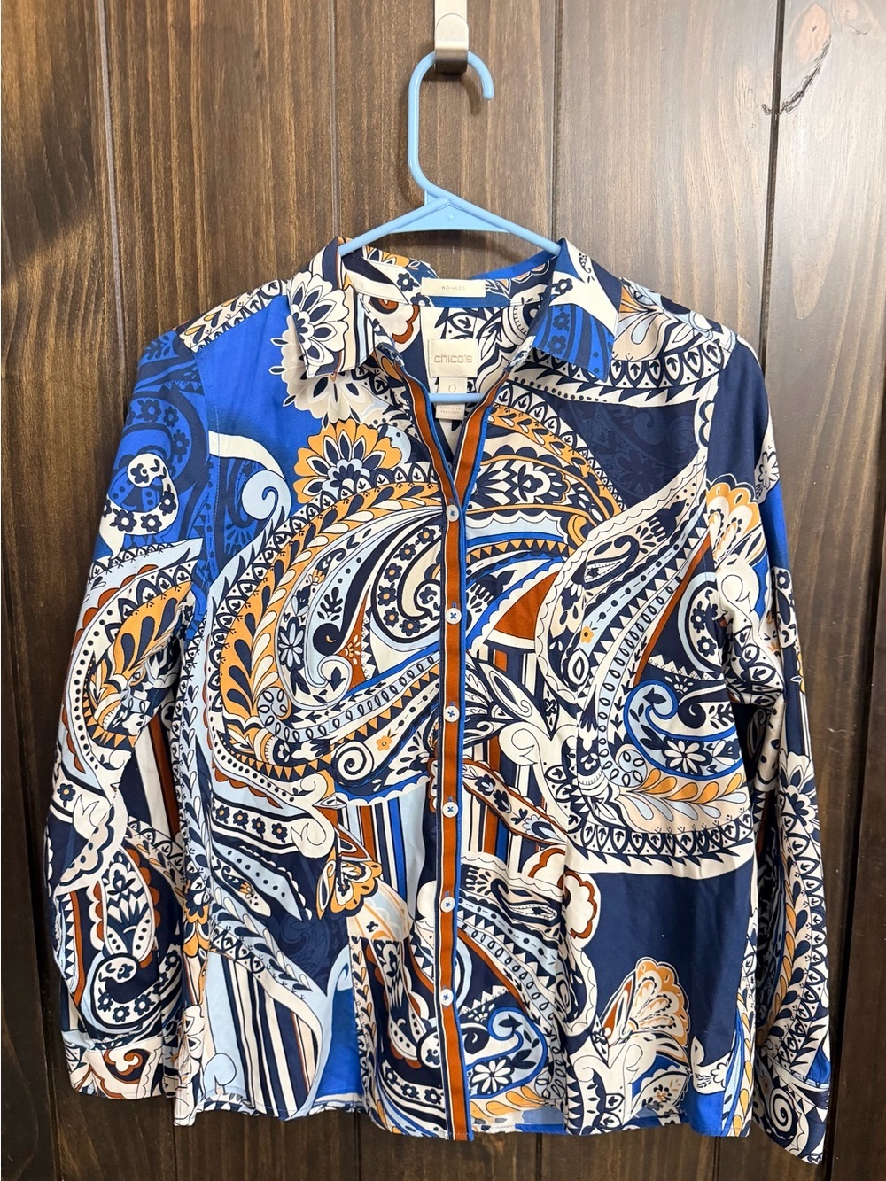 Chico's Blue, Navy & Orange Paisley Button-Front Blouse - Picture 3 of 7